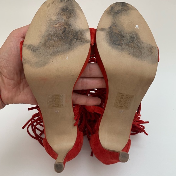Elvio Zanon Red Suede Fringe Stiletto Heels - Boho Chic Ankle Strap Size 7 - Picture 5 of 6